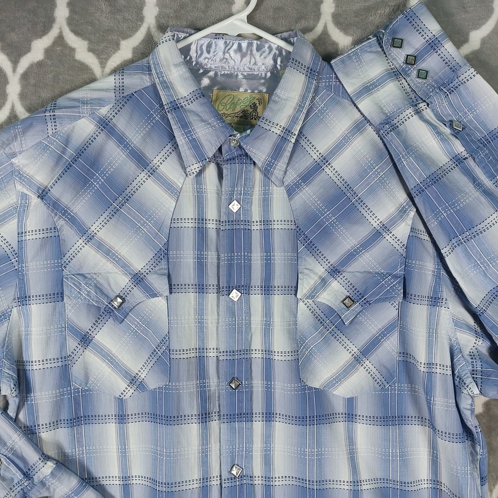 Roper Western Shirt Men 2XL Blue Plaid Diamond Pearl Snap Long Sleeve Yoke